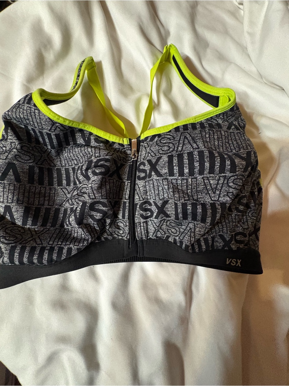 VSX Heather Black Sports Bra with Neon Yellow Trim, Front Zip
